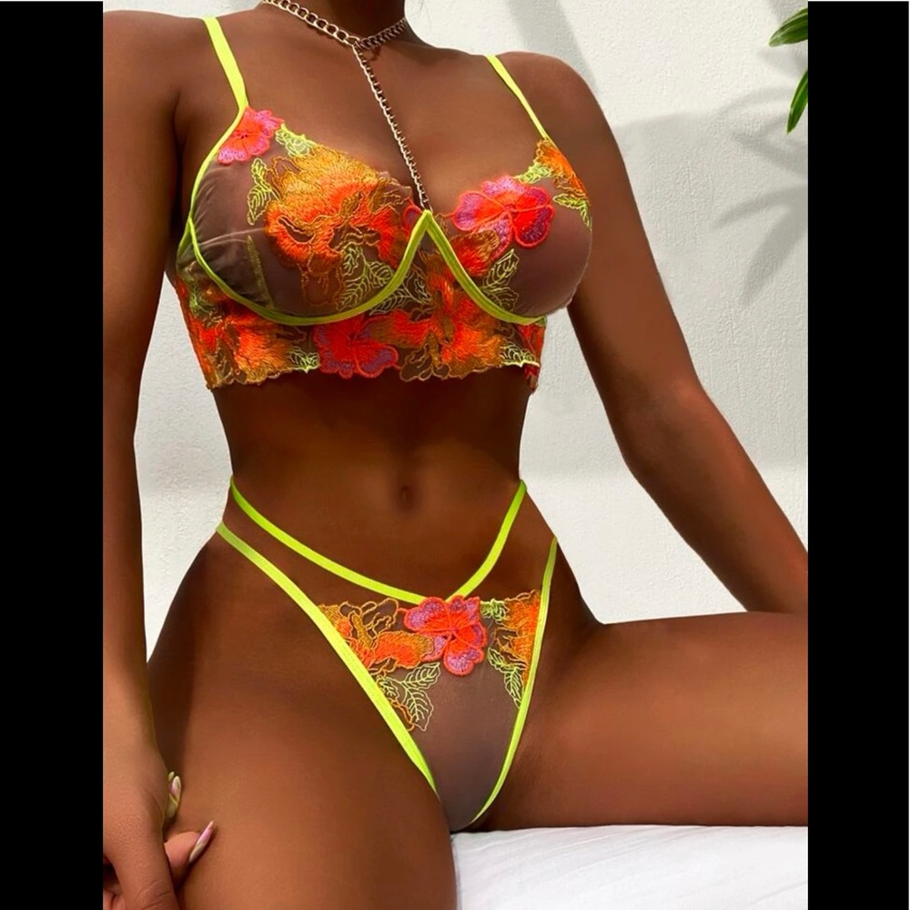 Neon Yellow & Floral Lace Sheer Bra and Thong Set